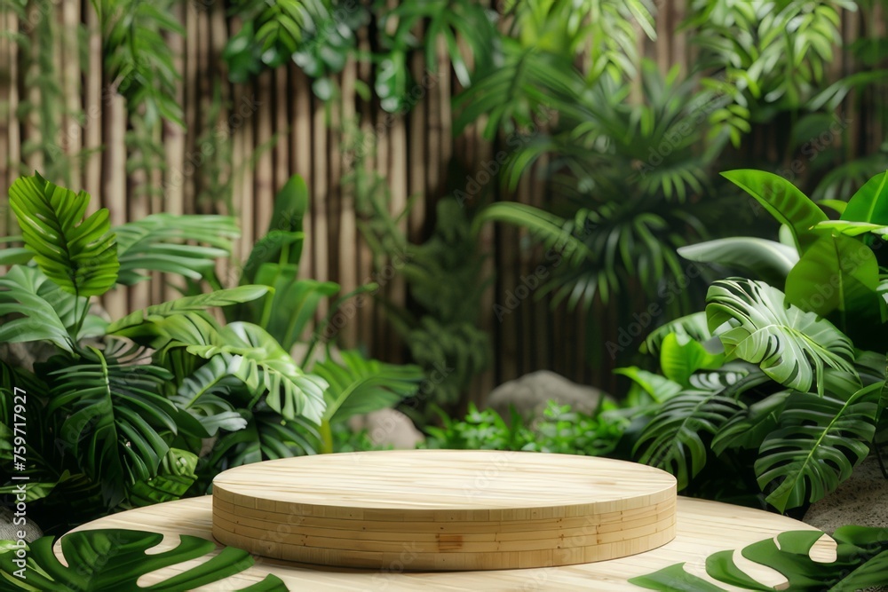 Environmentally Friendly Bamboo Round Pedestal Located among lush green trees. Environmentally Friendly Bamboo Round Pedestal Located among lush green trees.