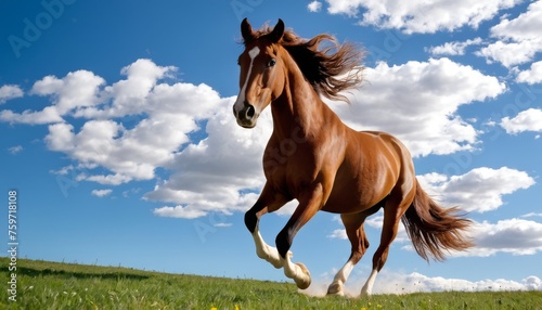 The image captures a powerful horse sprinting with unbridled energy across a verdant landscape, its hooves kicking up a trail of dust. Above, a picturesque sky dotted with fluffy clouds adds to the