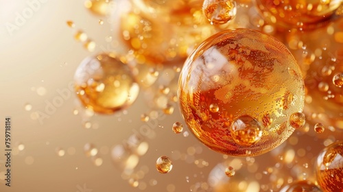 Golden oil bubbles floating in the air, rendered with realistic detail and a glossy finish.