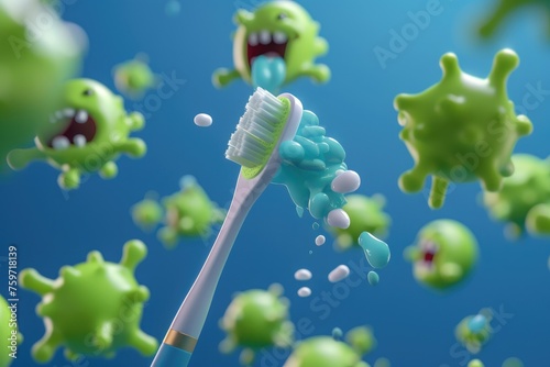 A minimalist 3D scene featuring a charming toothbrush heroically escaping a horde of cartoon. by AI generated image