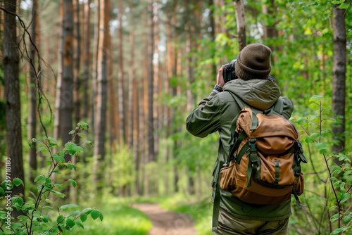 Young photographer taking photo in the forest