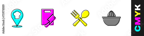 Set Chef hat with location, Cutting board and meat chopper, Crossed fork spoon and Citrus fruit juicer icon. Vector