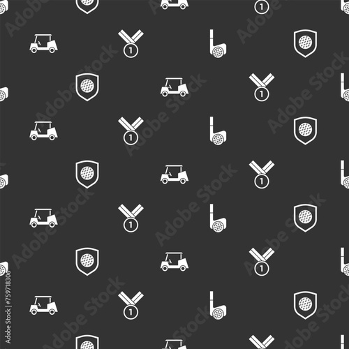 Set Golf club with ball, shield, car and Medal golf on seamless pattern. Vector