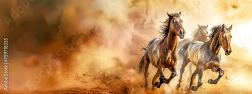 Majestic horses running in dust