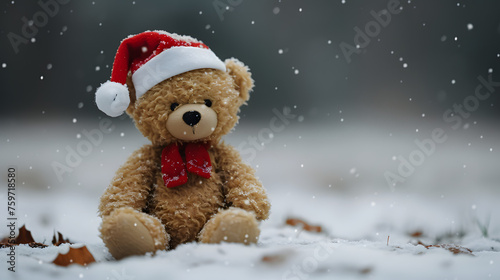 Sad Christmas, end of holiday, loneliness, solitude, depression concept. Toy teddy bear with Santa hat sitting alone on snow © safiya