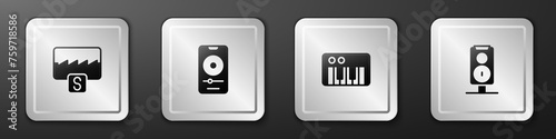 Set Music wave equalizer, player, synthesizer and Stereo speaker icon. Silver square button. Vector