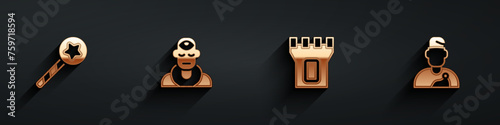 Set Magic wand, Wizard warlock, Castle tower and icon with long shadow. Vector