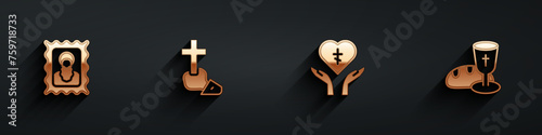 Set Christian icon, cross, Religious in heart and Goblet and bread icon with long shadow. Vector