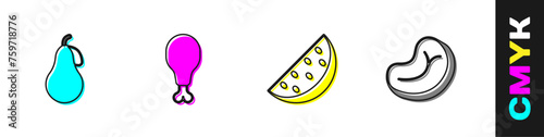 Set Pear, Chicken leg, Watermelon and Steak meat icon. Vector