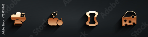 Set Vegan food diet, Apple, Leather and Cheese icon with long shadow. Vector