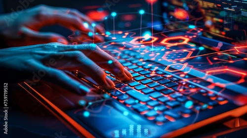 An image displaying hands interacting with a neon-lit, high-tech computer keyboard emphasizing the concept of technology and data security