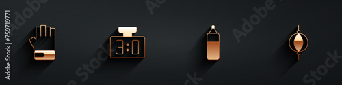 Set MMA glove, Sport mechanical scoreboard, Punching bag and icon with long shadow. Vector
