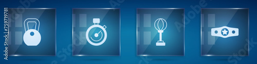 Set Weight, Stopwatch, Punching bag and Boxing belt. Square glass panels. Vector