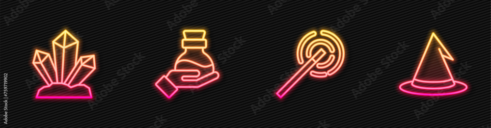 Set line Magic wand, stone, Bottle with potion and Witch hat. Glowing neon icon. Vector Set line Magic wand, stone, Bottle with potion and Witch hat. Glowing neon icon. Vector