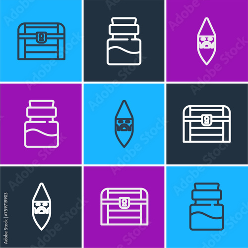 Set line Antique treasure chest, Wizard warlock and Bottle with potion icon. Vector