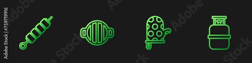 Set line Oven glove, Grilled shish kebab, Barbecue grill and Propane gas tank. Gradient color icons. Vector