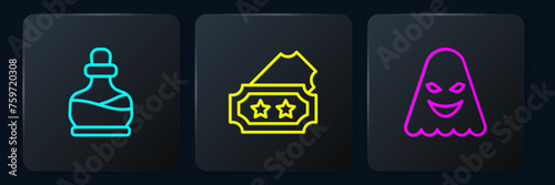 Set line Bottle with potion, Ghost and Ticket. Black square button. Vector