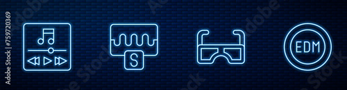 Set line Glasses, Music player, wave equalizer and EDM electronic dance music. Glowing neon icon on brick wall. Vector