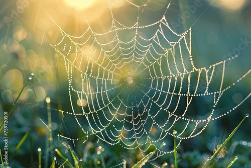 A dew-covered spiderweb in the early morning light showcasing the intricate beauty of natures designs