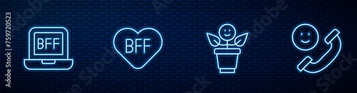 Set line BFF or best friends forever, , and Incoming call on mobile. Glowing neon icon on brick wall. Vector