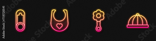 Set line Rattle baby toy, Baby clothes pin, bib and hat. Glowing neon icon. Vector