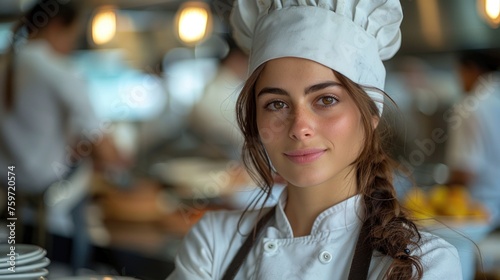 female chef in a chef's hat with arms crossed wears apron standing in restaurant kitchen