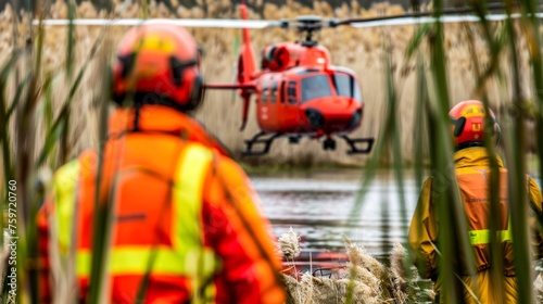 Rescue helicopter with EMS team preparing for a lifesaving mission in wild reed landscape photo