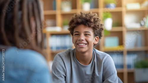 Smiling teenage boy talking with mental health professional while sitting on chair in school office photo