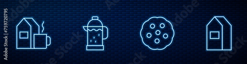 Set line Cookie or biscuit, Cup of tea with milk, French press and Paper package for. Glowing neon icon on brick wall. Vector