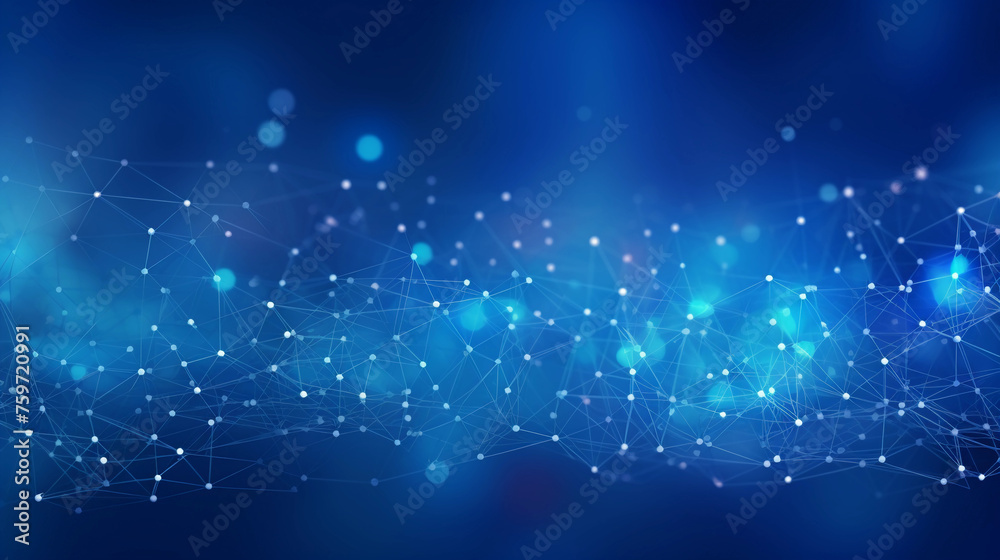 Obraz premium Abstract blue background with interweaving of colored dots and lines, Wave of dots and weave lines. Abstract background. Network connection structure. 