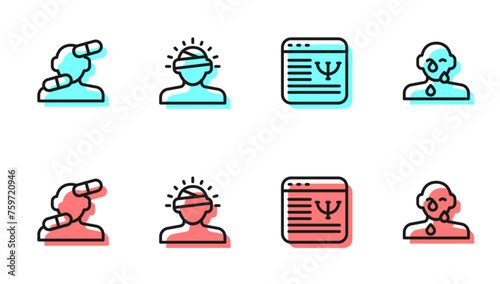 Set line Online psychological counseling, Sedative pills, Concussion, headache and Tear cry eye icon. Vector
