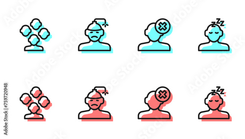 Set line Solution problem in psychology, Schizophrenia, Concussion, headache and Dreams icon. Vector