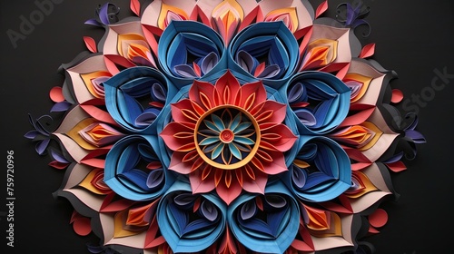 An intricate mandala design meticulously crafted from layers of colorful paper