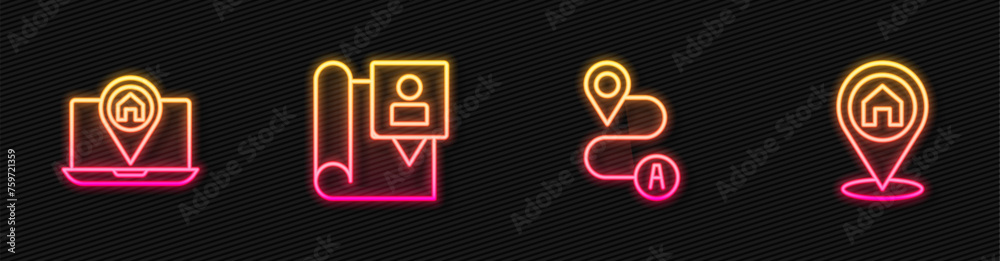 Set line Route location, City map navigation, Folded with marker and Location house. Glowing neon icon. Vector Set line Route location, City map navigation, Folded with marker and Location house. Glowing neon icon. Vector