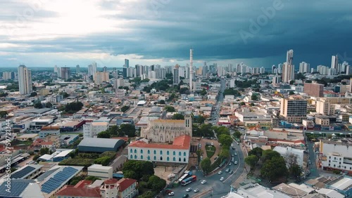 Aerial city scape at sunset in summer in central Cuiaba Mato Grosso