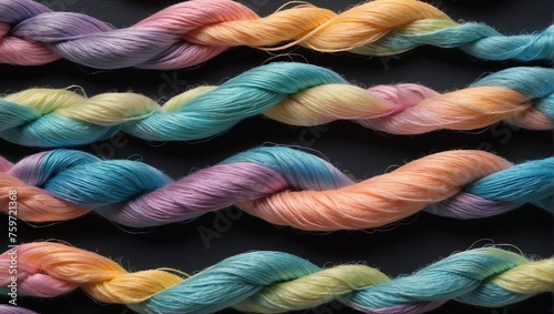 The harmony of thick threads in pastel colors on a black background, the threads are centered © varol