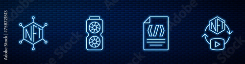 Set line Binary code, NFT blockchain technology, Video graphic card and Digital crypto art. Glowing neon icon on brick wall. Vector