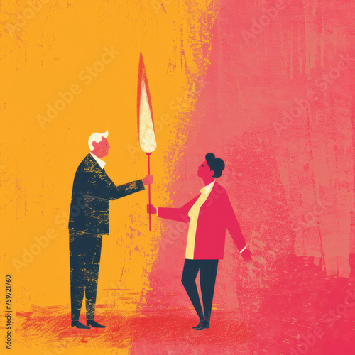Colorful Line Illustration of Mentor Passing Torch to Mentee Gen AI