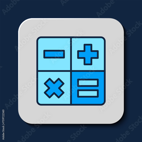 Filled outline Calculator icon isolated on blue background. Accounting symbol. Business calculations mathematics education and finance. Vector
