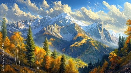 Majestic Autumn Mountains. Snow-Capped Peaks Amid Vibrant Forest