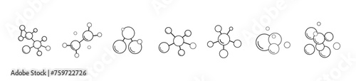A collection of five icons with outlines of molecules, atomic compounds on a white background. The structure of the substance. Formulas of molecules and chemical compounds. Vector illustration.