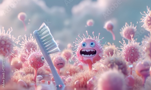 A minimalist 3D scene featuring a charming toothbrush heroically escaping a horde of cartoon. by AI generated image