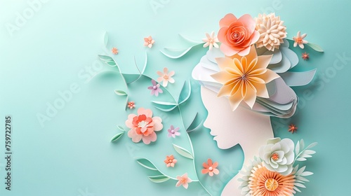 Colorful paper art of a woman's profile surrounded by vibrant three-dimensional spring flowers © Radomir Jovanovic