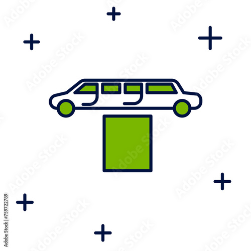 Filled outline Luxury limousine car and carpet icon isolated on white background. For world premiere celebrities and guests poster. Vector