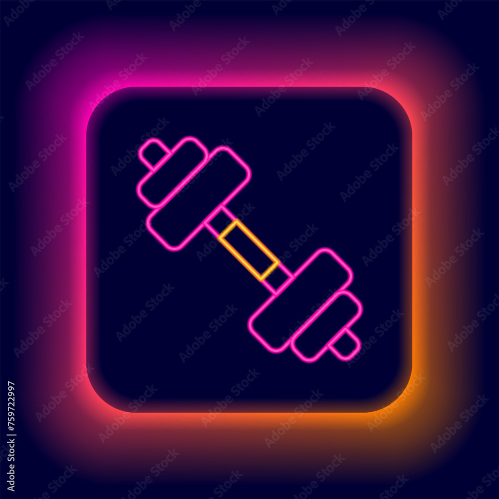 Glowing neon line Dumbbell icon isolated on black background. Muscle lifting icon, fitness barbell, gym, sports equipment, exercise bumbbell. Colorful outline concept. Vector Glowing neon line Dumbbell icon isolated on black background. Muscle lifting icon, fitness barbell, gym, sports equipment, exercise bumbbell. Colorful outline concept. Vector