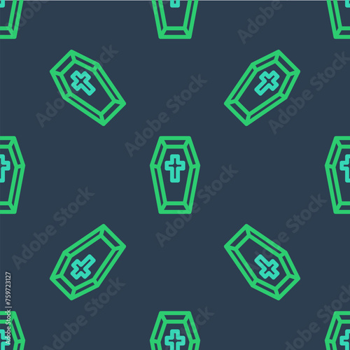 Line Coffin with christian cross icon isolated seamless pattern on blue background. Happy Halloween party. Vector