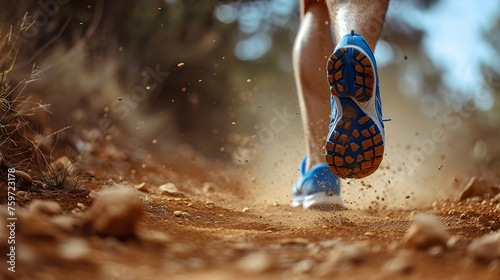 Trail runner sport shoes swiftly Running on a dusty Trail, showing determination and speed