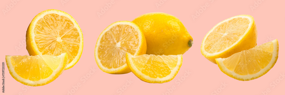 Fresh, juicy Lemon isolated on a pink background. panorama, banner. Fresh, juicy Lemon isolated on a pink background. panorama, banner.