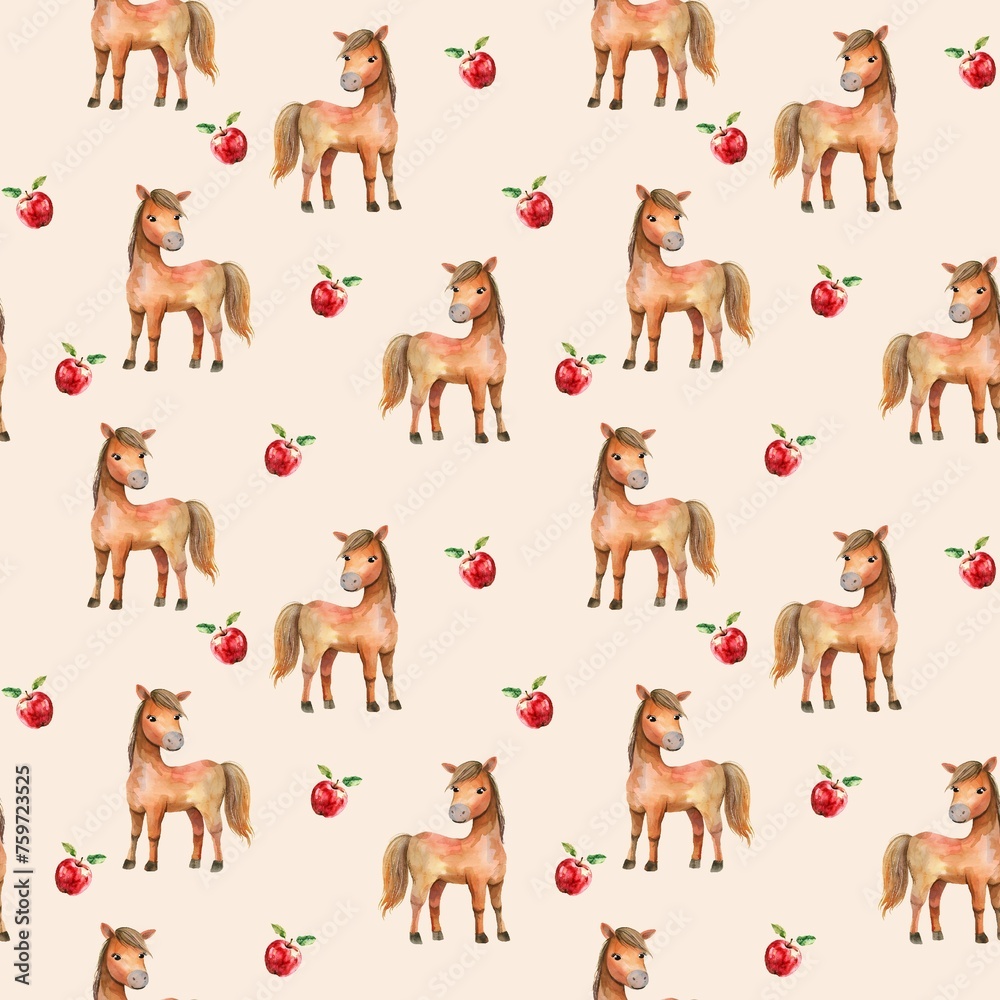Fototapeta premium Cute seamless pattern with horses and red apples in watercolor style, pattern for design, farm theme