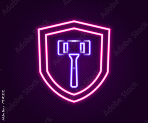 Glowing neon line Auction hammer icon isolated on black background. Gavel - hammer of judge or auctioneer. Bidding process, deal done. Auction bidding. Colorful outline concept. Vector